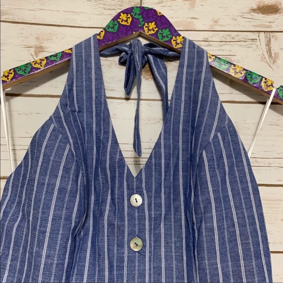 Love Tree Blue Chambray Pinstripe Romper NWT - Picture 4 of 8